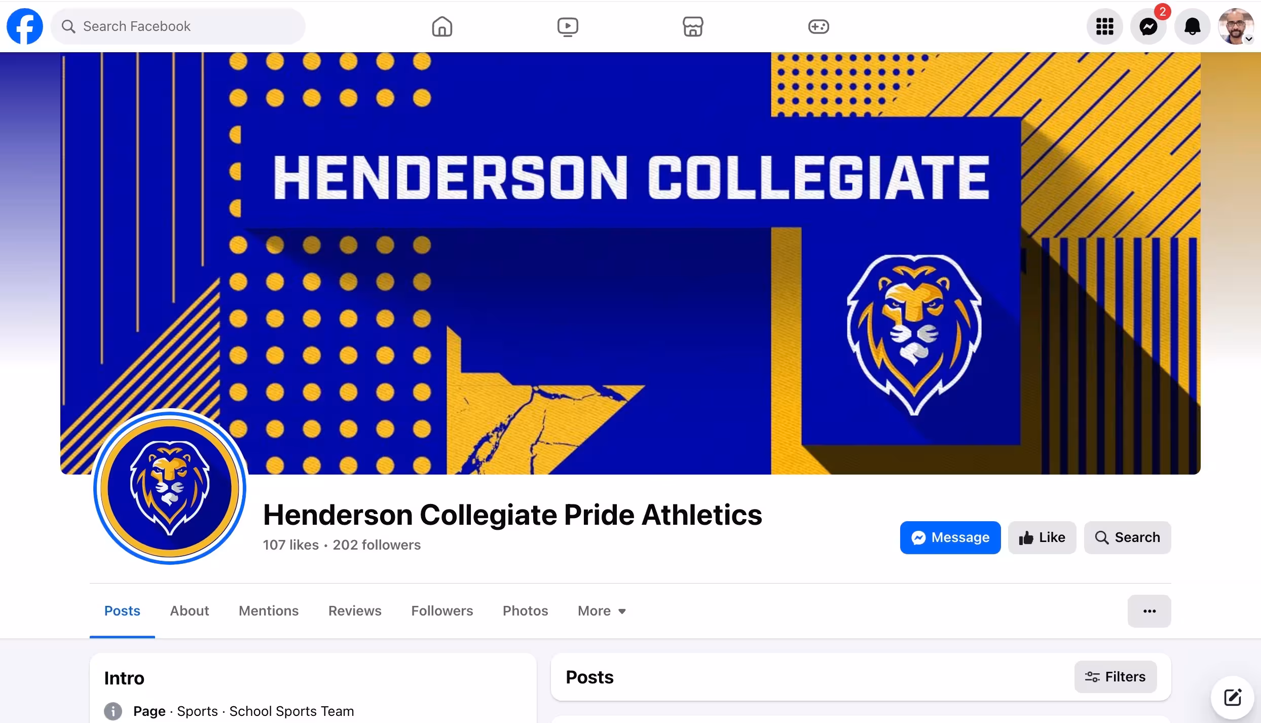 Henderson Collegiate Pride Athletics Facebook page mockup showing social media cover photo with branded pattern elements including dots, stripes, and North Carolina state silhouette in royal blue and gold colorway, demonstrating digital platform branding with profile circle lion badge and follower engagement metrics