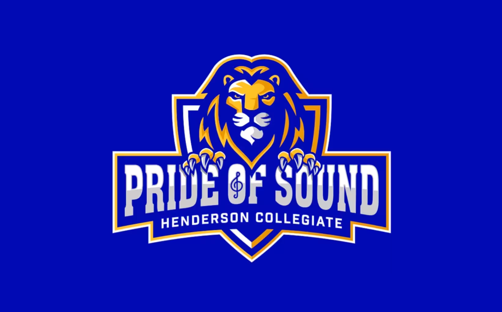 Pride of Sound marching band program sub-brand identity featuring the lion mark integrated with treble clef musical note element above 'PRIDE OF SOUND' wordmark in bold dimensional typography with 'HENDERSON COLLEGIATE' designation, demonstrating specialized program identity within the core brand system