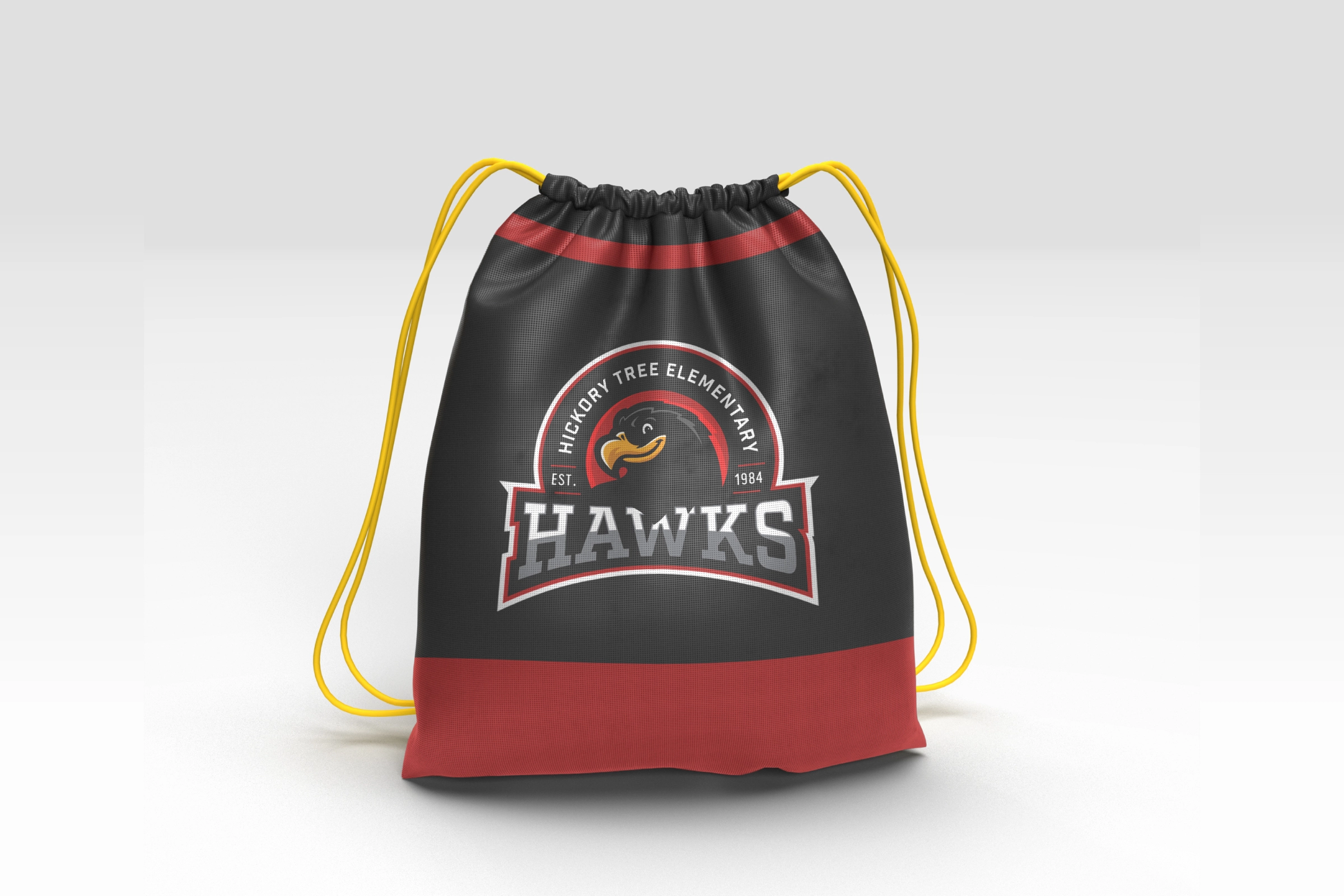 Black/red drawstring PE bag with Hawks crest—athletics gear application