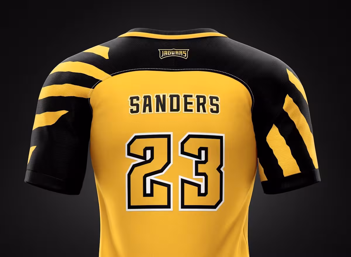 Athletic jersey back with custom numerals and player name; claw-mark sleeve pattern showcases Jepson’s official jersey style and typography system