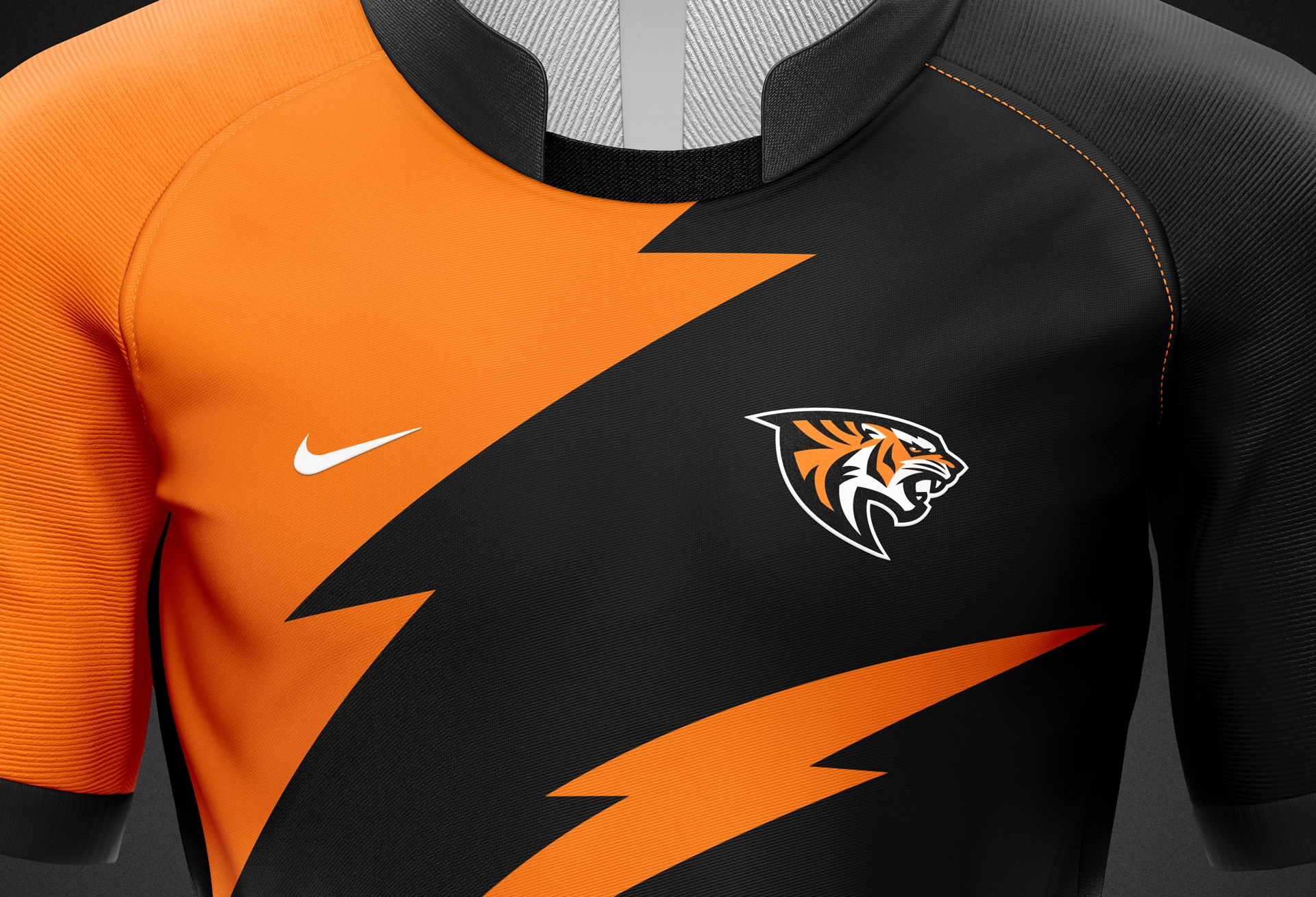 Republic School District brand identity mockup displaying tiger mascot logo on orange athletic apparel with black trim and left chest placement. The design demonstrates how the fierce tiger mascot translates to school spirit wear and athletic uniforms, maintaining visual impact and brand recognition. The orange and black color scheme reflects the district's tiger identity while the aggressive tiger design conveys competitive spirit and community pride in Republic, Washington.