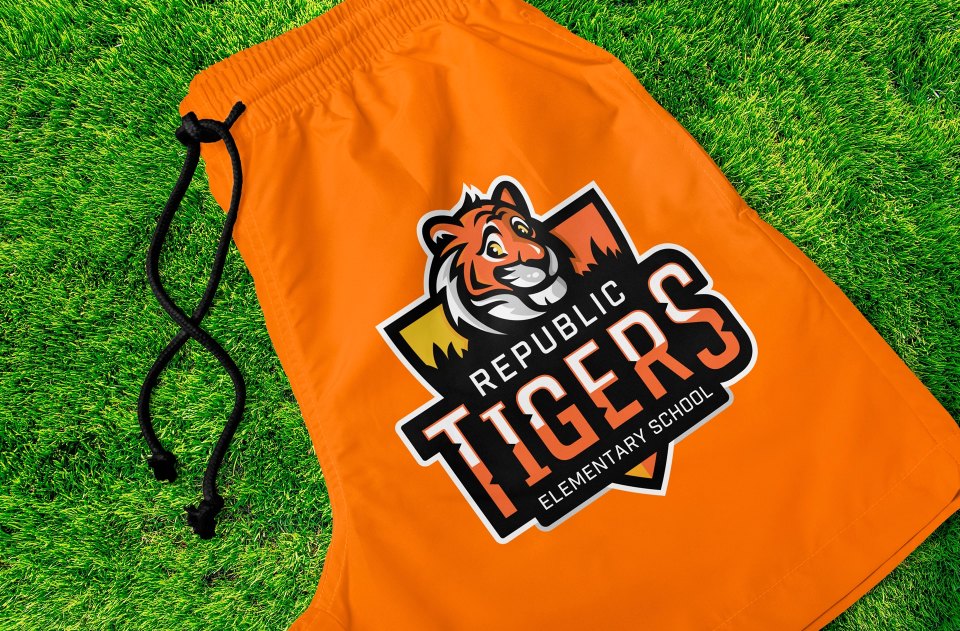 Republic School District brand materials showcase featuring tiger mascot logos across various school communications including banners, posters, and promotional materials. The design demonstrates comprehensive brand implementation with consistent orange and black color palette and tiger imagery. Each material maintains the district's visual identity while serving specific communication purposes, from athletic events to academic achievements and community engagement initiatives.
