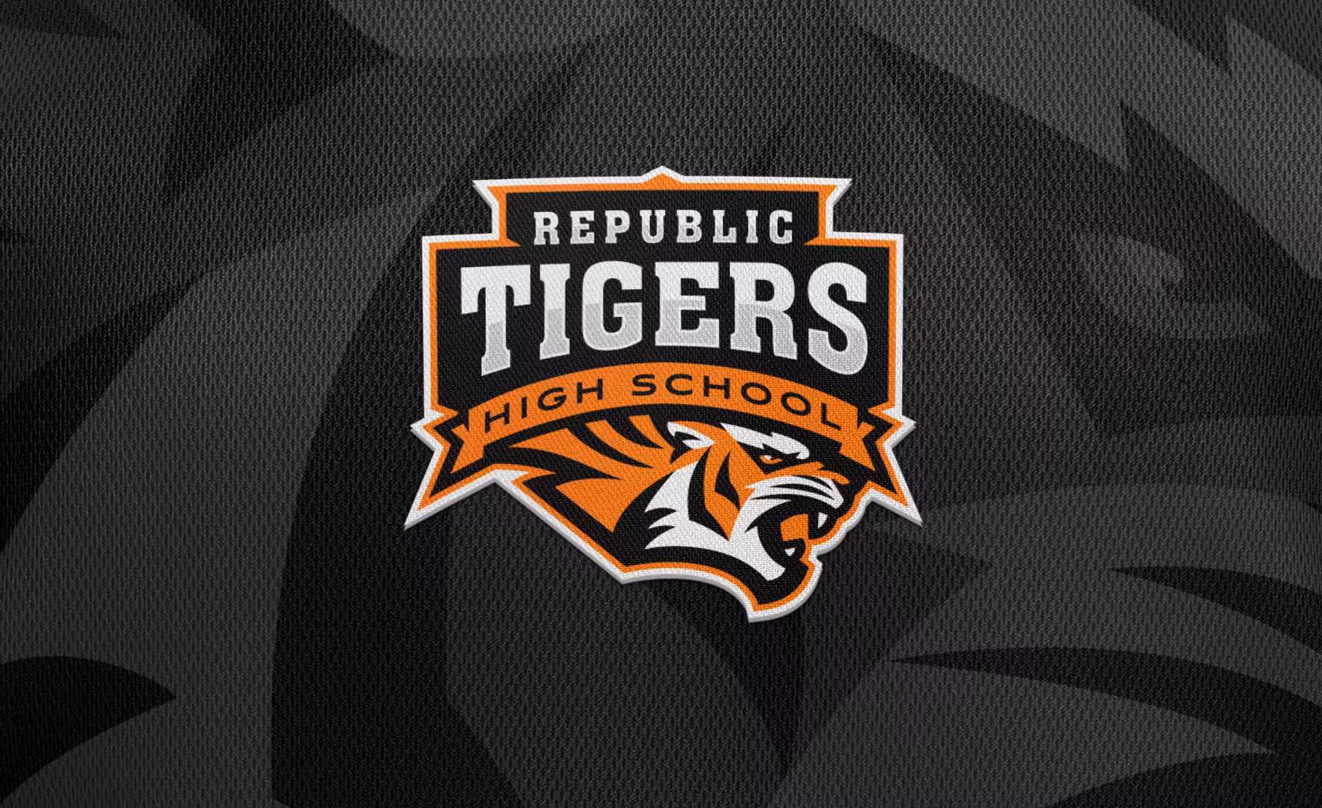 Complete Republic School District logo variation system showcasing high school, middle school, elementary, and district logos. The high school tiger features aggressive stance with sharp features, middle school maintains consistency with updated wording, elementary version shows friendly smile and softer features for younger students, and district logo incorporates stylized 'R' with subtle tiger head profile. Each variation maintains orange and black color palette while serving distinct age-appropriate purposes.