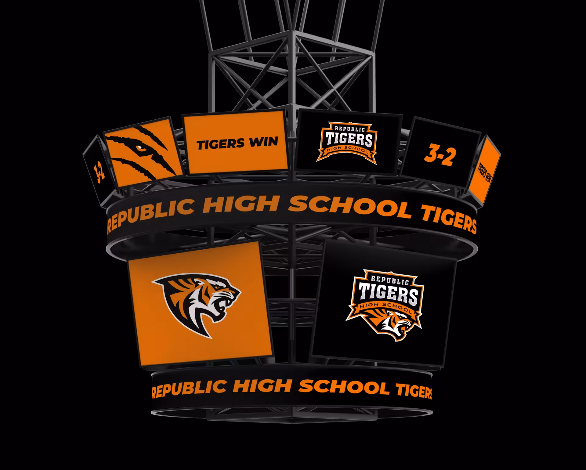 Republic School District primary tiger mascot logo featuring aggressive yet noble Bengal tiger design with sharp angles and forward-leaning posture. The high school version displays fierce expression with bold orange and black contrast, symbolizing strength, competitiveness, and the hard-working spirit of the Republic community. The design reflects the area's mining heritage while conveying movement and progress for athletic programs and school pride.
