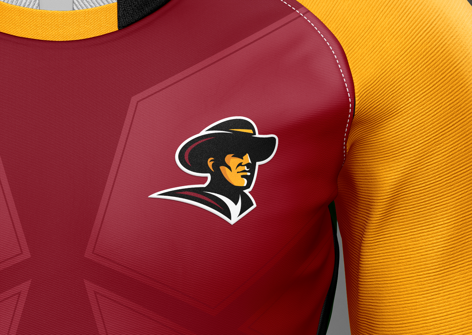 Shoulder application of the pioneer head on performance knit; white keyline and stroke widths tuned for embroidery and heat‑press production